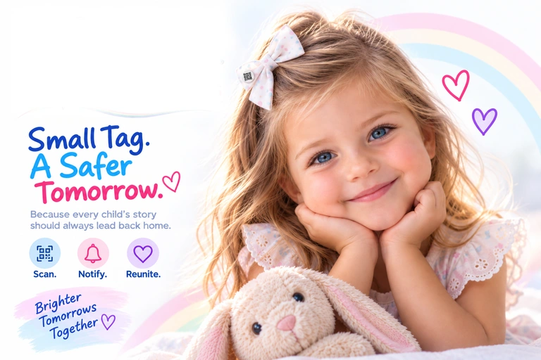 A smiling girl holding a plush bunny and wearing a Reunite bow.